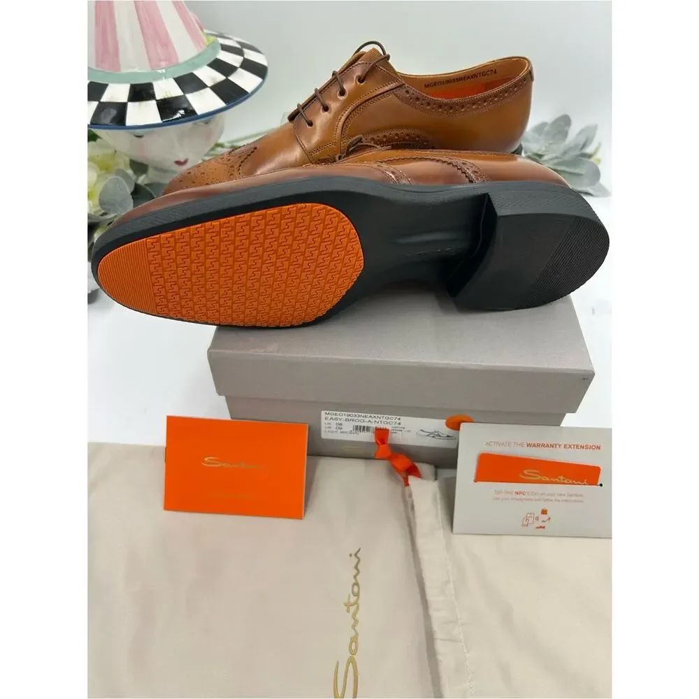 Men's Santoni easy wing tip brown burnished leather size 9 US made in Italy